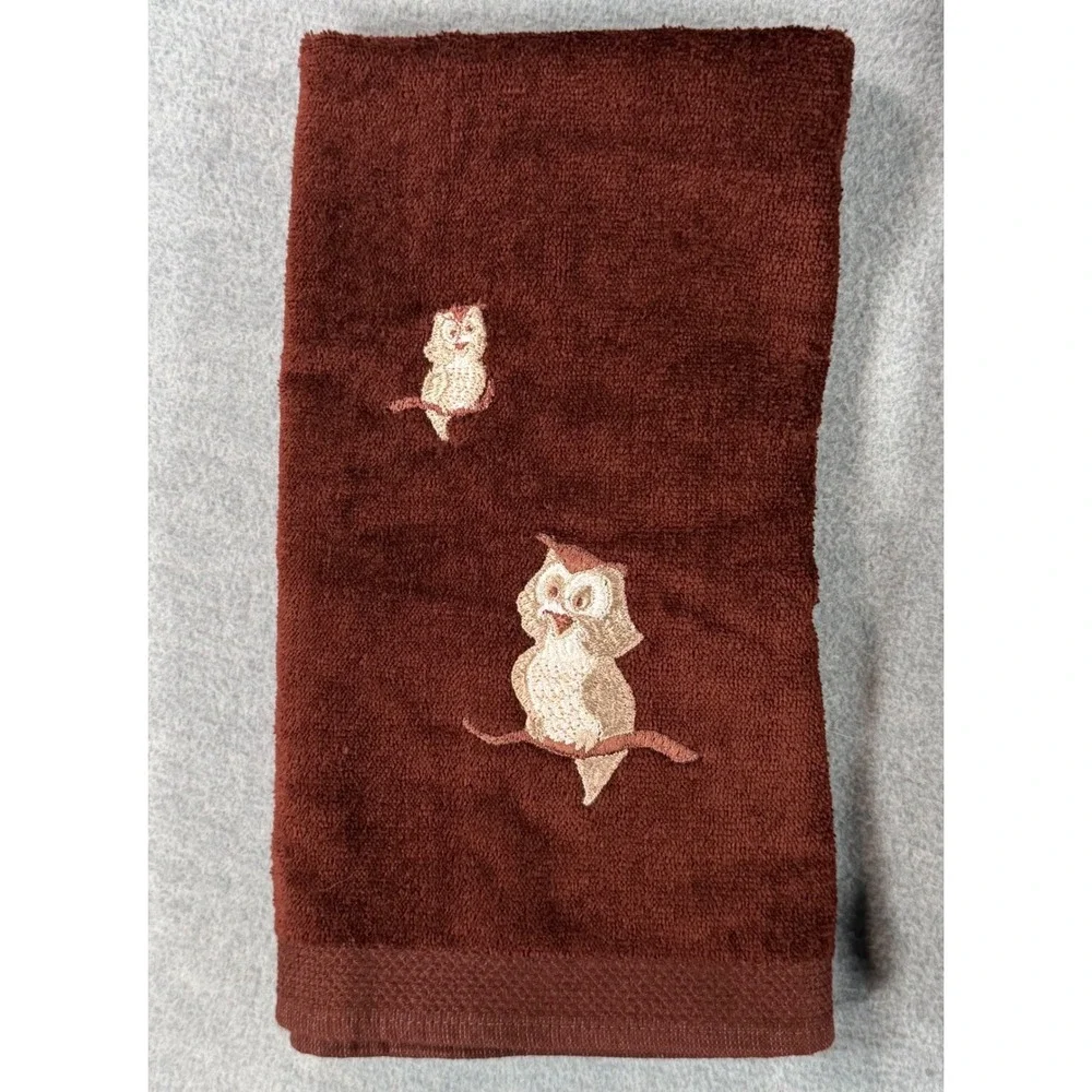 Martex Owl Bath Hand Towel Washcloth Set Brown‎ Vintage Embroidered 3 Piece MCM